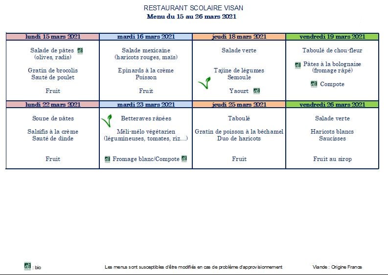 Menu Restaurant Scolaire