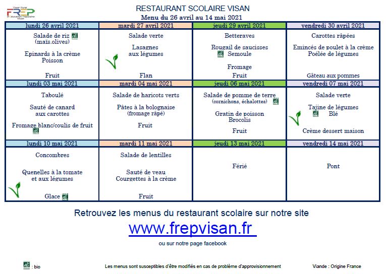 Menu Cantine du 26/04 au 14/05