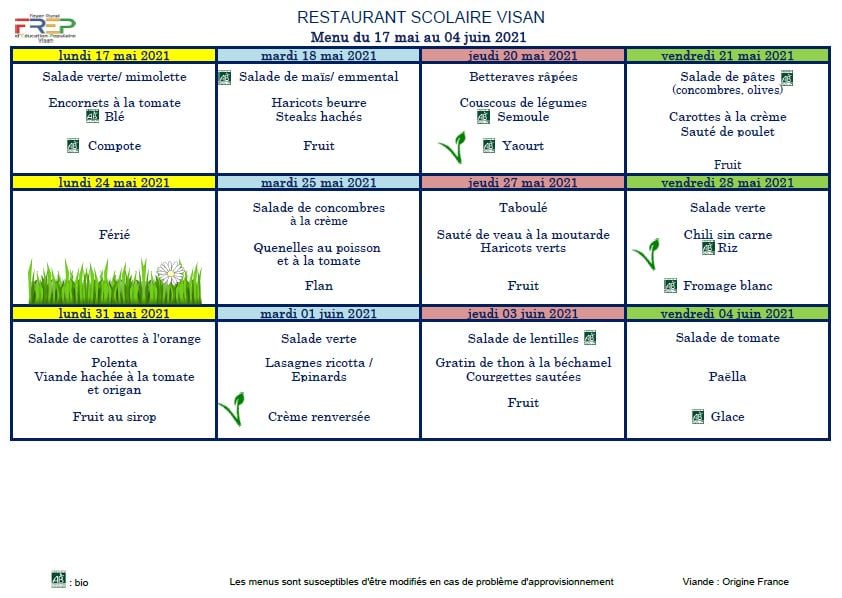 Menu Restaurant Scolaire du 17/05 au 04/06