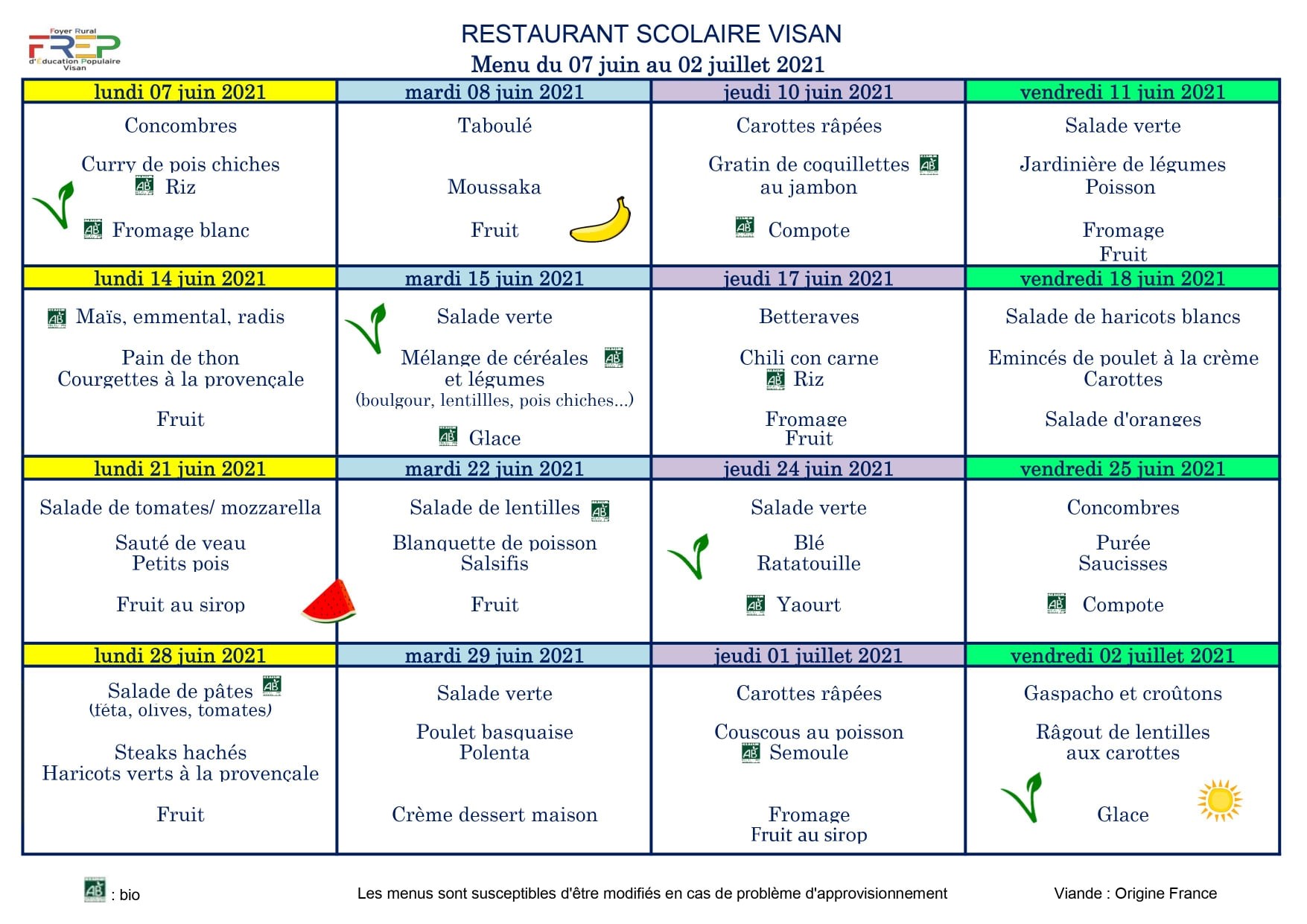 Menu Restaurant Scolaire du 07 Juin au 02 Juillet