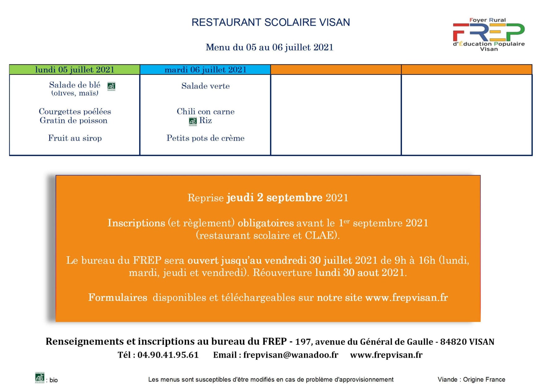 Menu Restaurant Scolaire du 05 au 06 Juillet