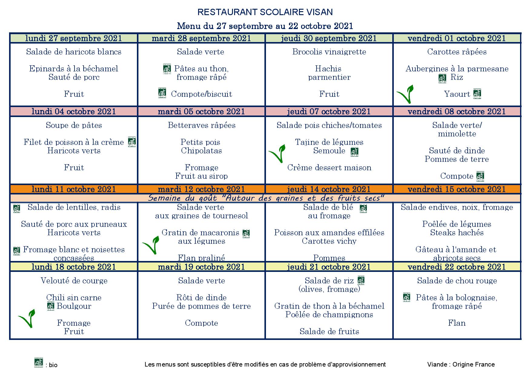 Menu Restaurant Scolaire Du 27/09 au 22/10/2021