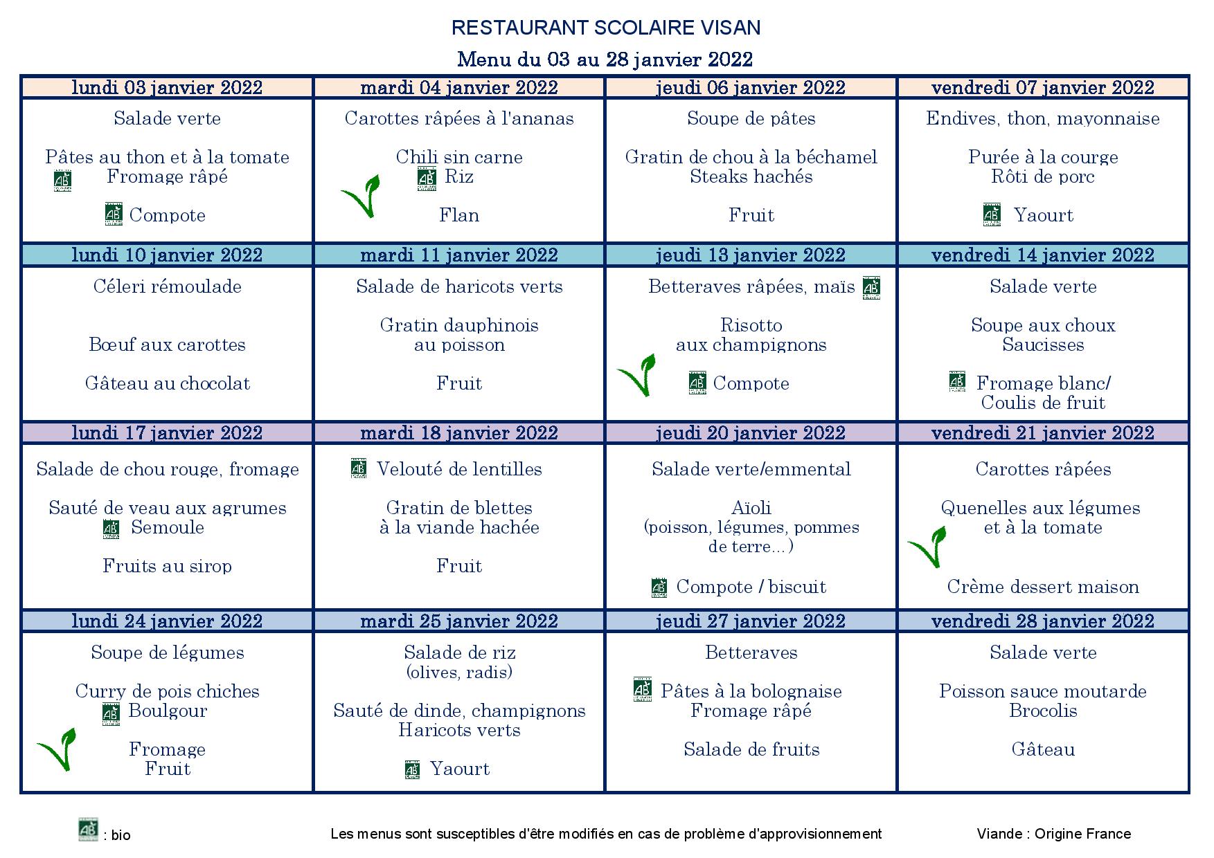 Menu Restaurant Scolaire du  03 au 28/01/2022