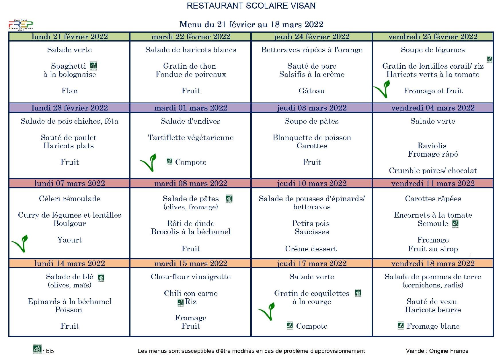 Menu Restaurant Scolaire du 21/02 au 18/03/2022