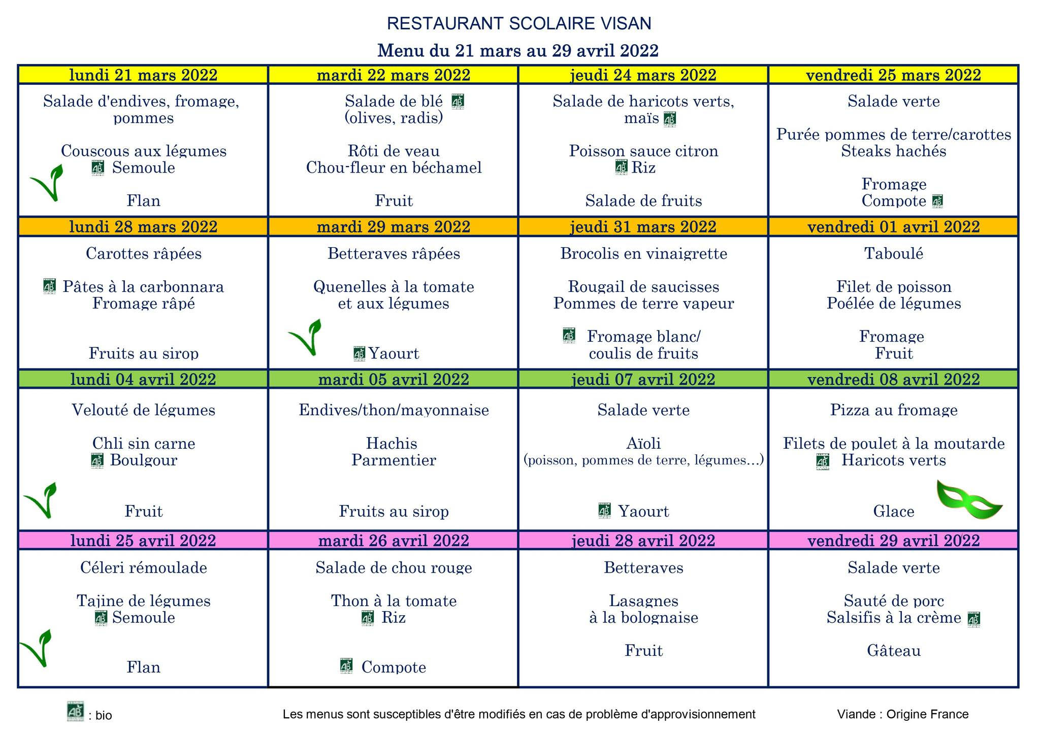 Menu Restaurant Scolaire du 21/03 au 29/04/2022