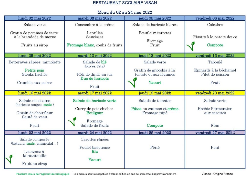 Menu Restaurant Scolaire du 02/05 au 24/05/2022