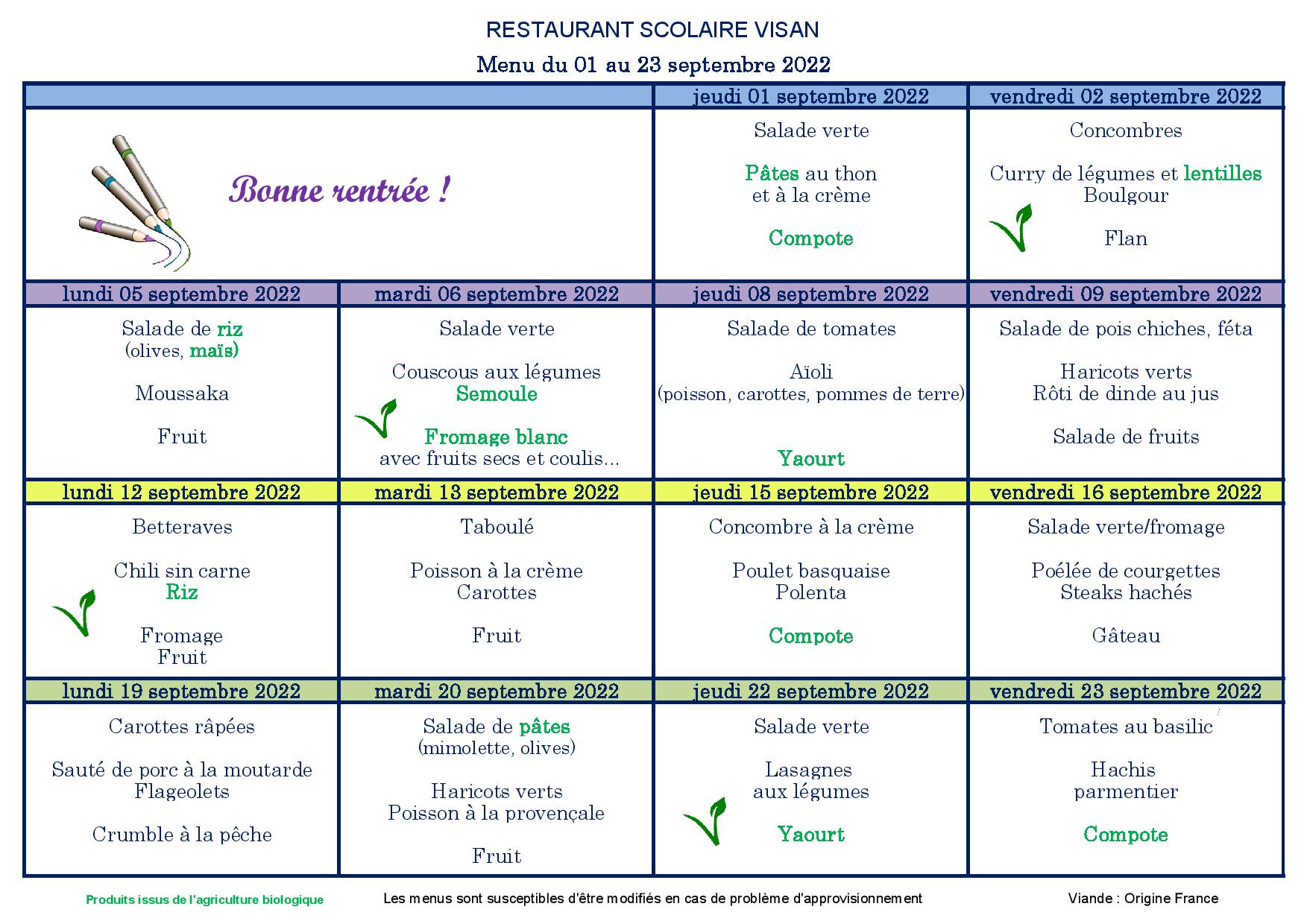 Menus Restaurant Scolaire