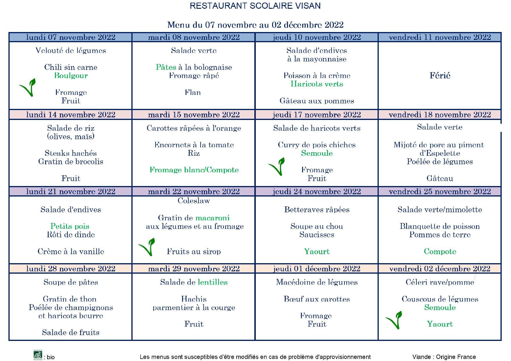 Menu Restaurant Scolaire